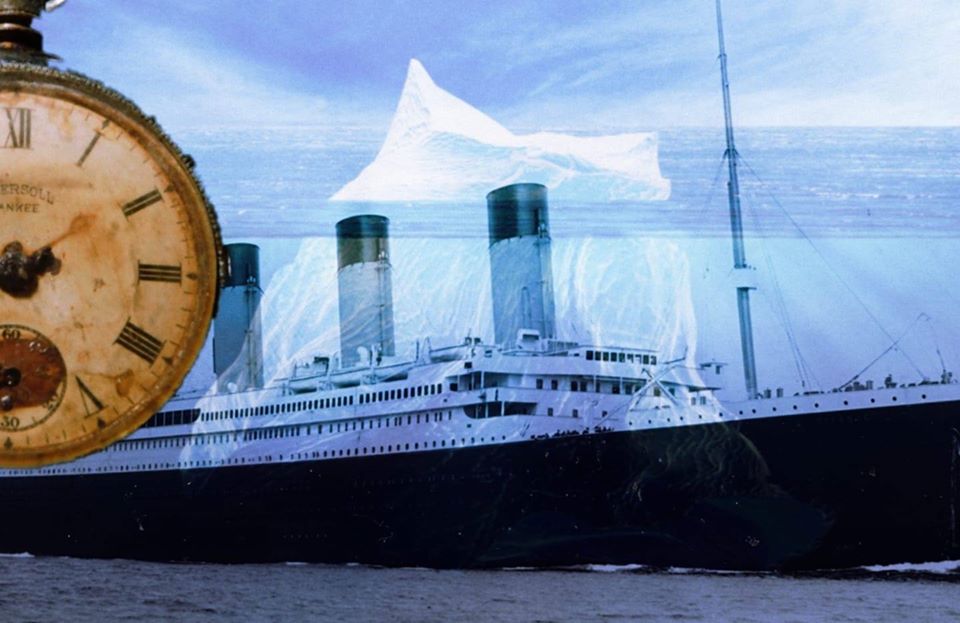 Photo of RMS Titanic overlaid with an image of Iceberg and a pocket watch on the left hand side
