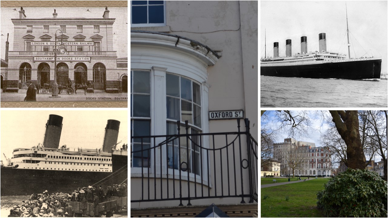 Montage of photographs including a period photo of the main entrance of Southampton Docks Train Station, Oxford Street Sign, RMS Titanic and a recent photo of South Western House from Queen's Park